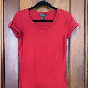 Lauren Ralph Lauren Classic Red Short Sleeve Tee size S With Button Accent